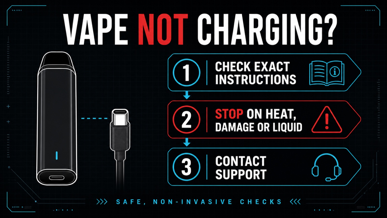 Vape not charging decision graphic showing instruction check, stop-use warning signs and support escalation