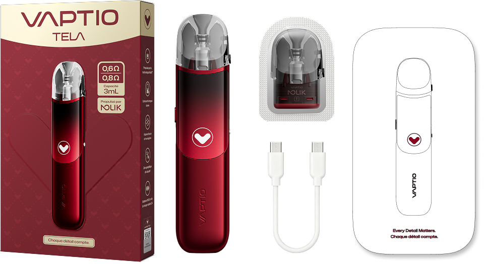 Official VAPTIO TELA kit package with red device, two Nolik-T pods and USB-C cable
