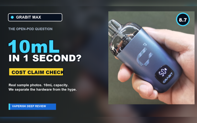 GRABIT MAX review cover with a real device photo, 10mL pod question and 8.7 score