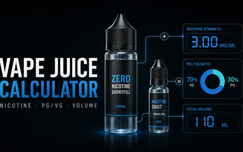Vape juice calculator showing a zero-nicotine shortfill, nicotine shot, PG/VG ratio, nicotine strength and total volume